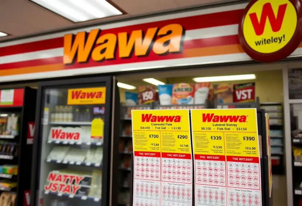 Wawa store sign with lottery ticket display in Philadelphia