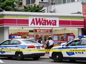 Scene outside a Wawa convenience store in Philadelphia with police presence