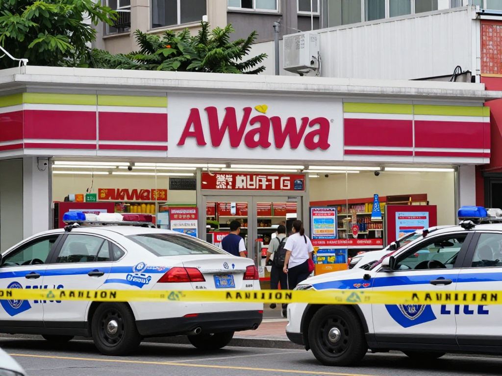Scene outside a Wawa convenience store in Philadelphia with police presence
