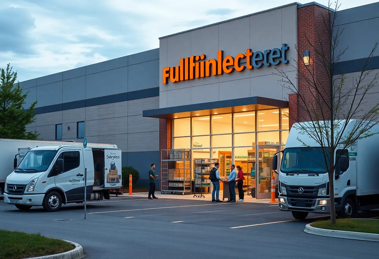 Exterior of the Willow Grove fulfillment center during operations.