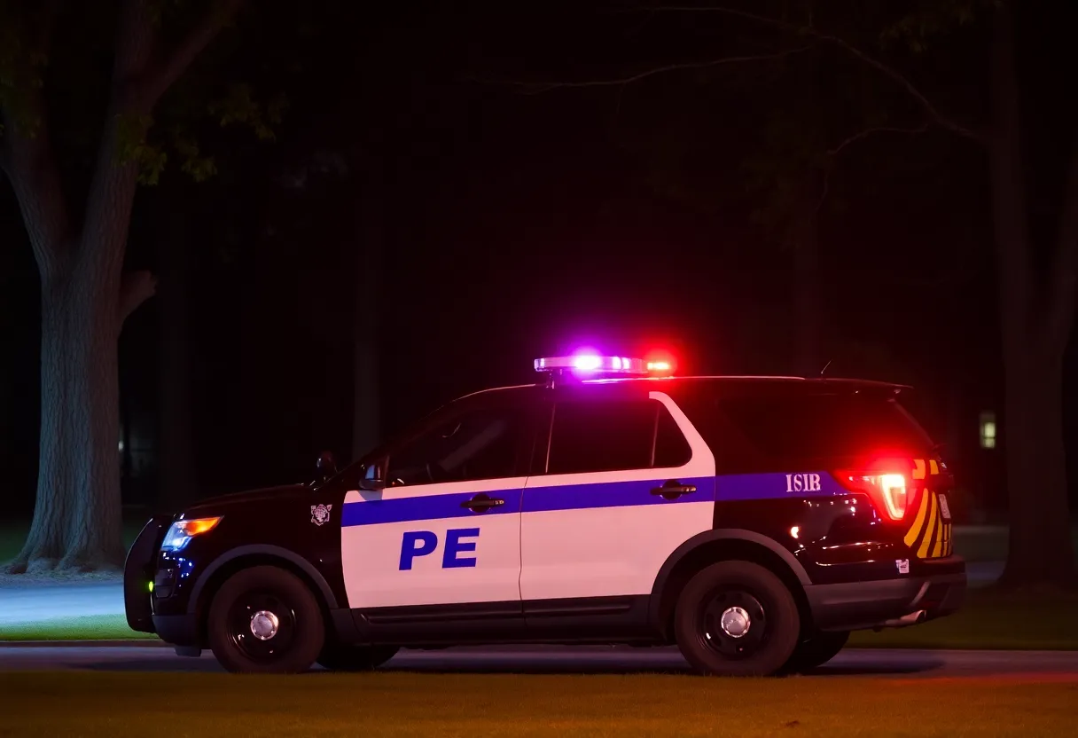 Police vehicle in Canby Park during night operation.