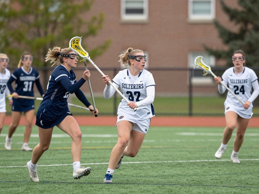 Women athletes playing lacrosse on a sunny day.