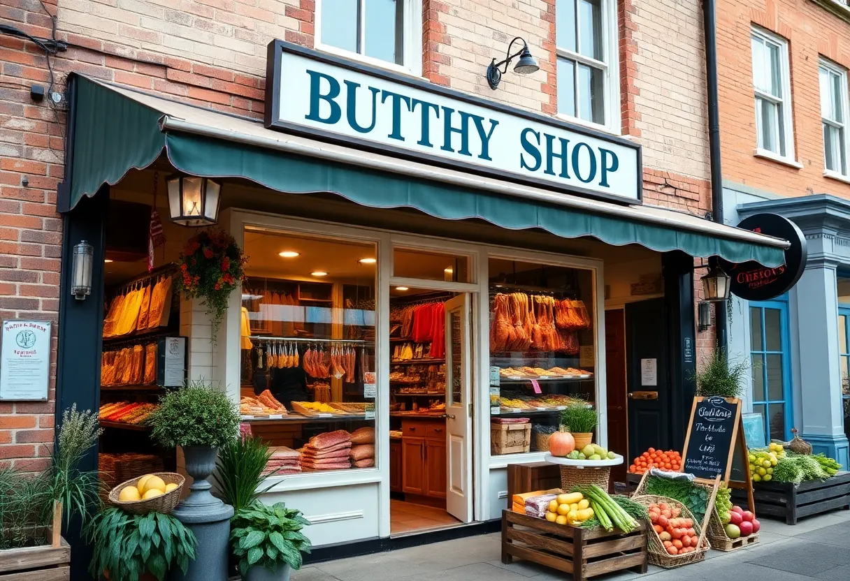 Exterior view of Worrell's Butcher Shop with fresh meat display
