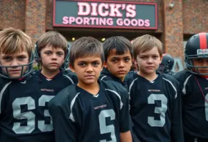 Youth football players outside a sporting goods store after a theft incident