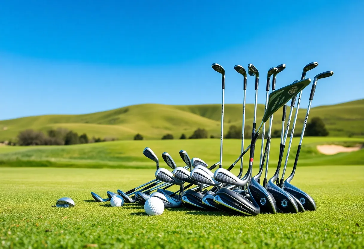 A selection of the best golf clubs from Golf Digest's 2024 Hot List displayed on a golf course.