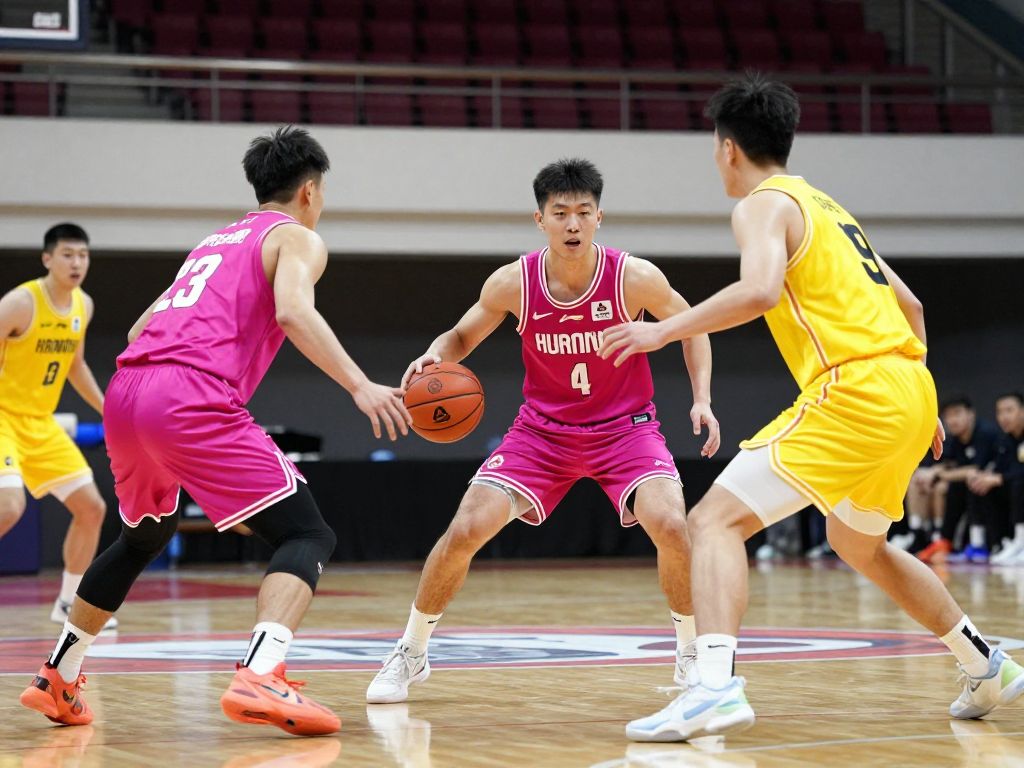 College basketball game featuring athletes competing on the court.