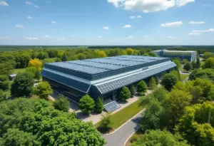 Aerial view of the Amazon data center under construction in Falls Township, surrounded by greenery.
