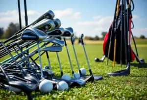 A variety of golf clubs ideal for beginners on a green lawn.
