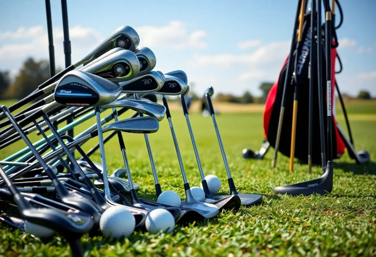 A variety of golf clubs ideal for beginners on a green lawn.