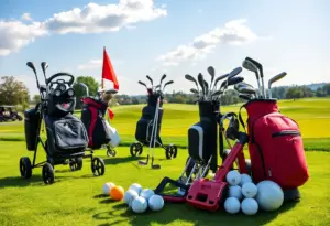Various models of golf trolleys on a golf course