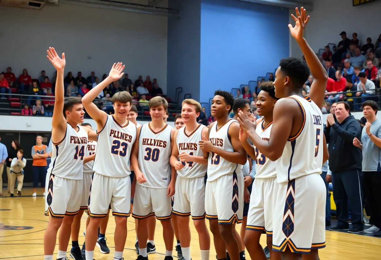 Basketball team celebrating with fans during a game