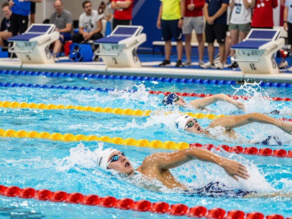 Boston College swimmers competing in a tri-meet event