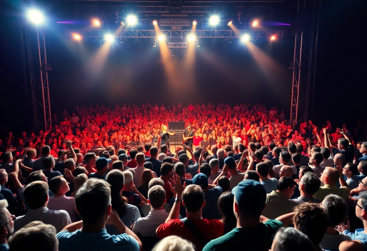 Audience enjoying a live concert with bright stage lights
