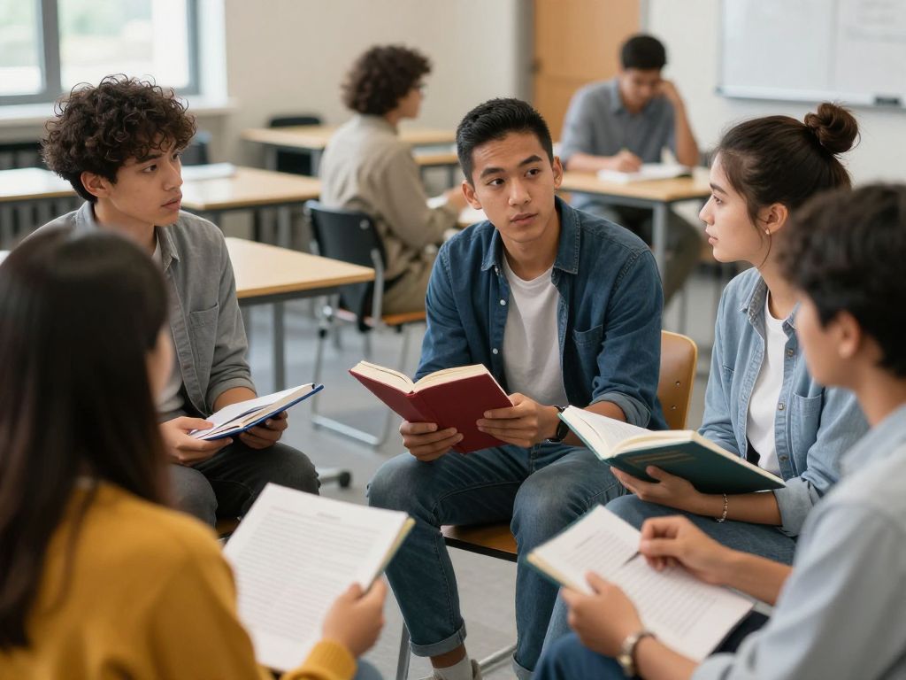 Students in a classroom setting discussing respectfully.