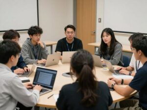 Students discussing Real-World Assets in a university environment.