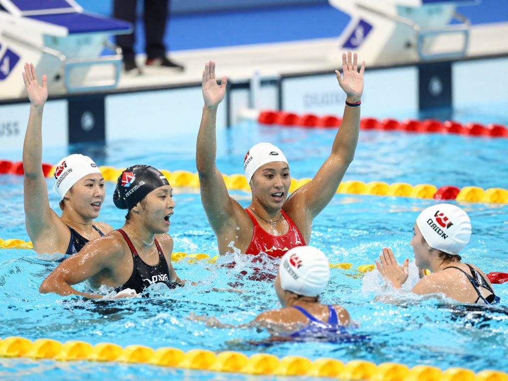Group of female athletes celebrating at a swim event