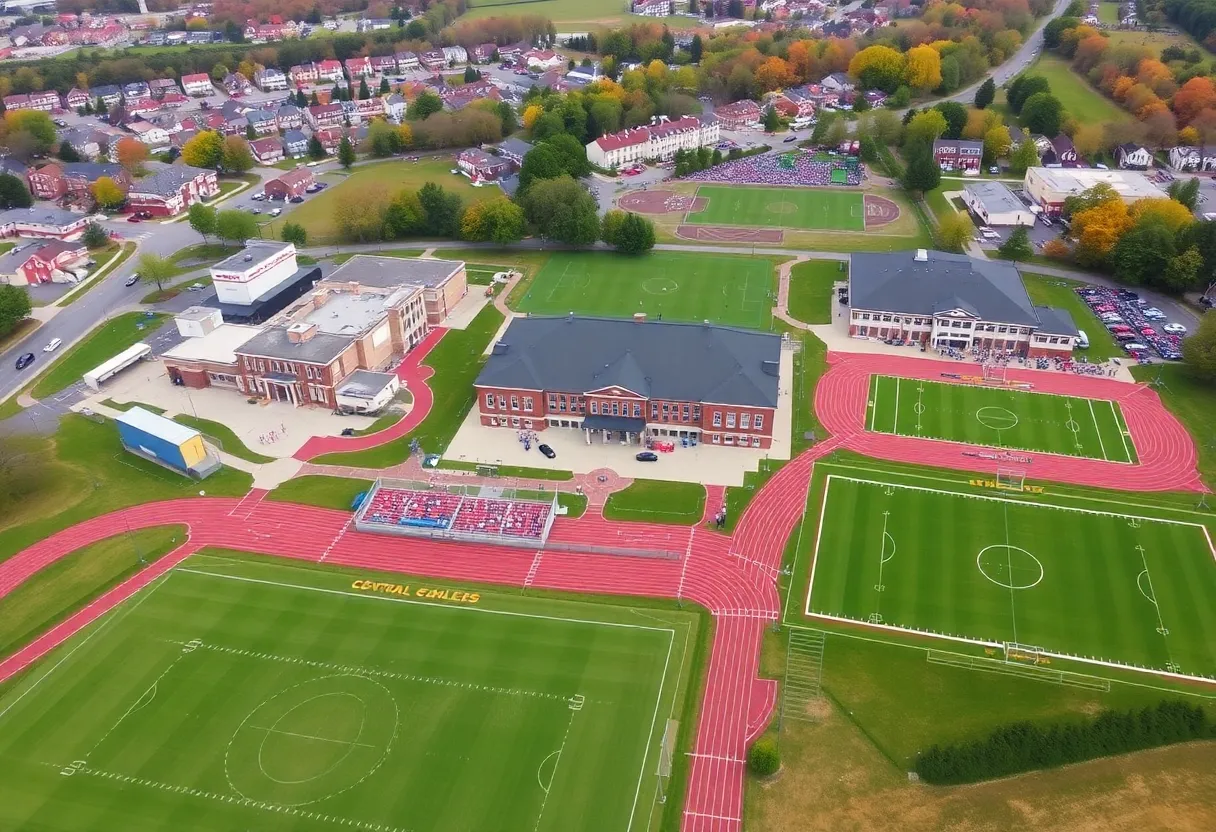 A vibrant scene depicting Central Bucks high schools' athletic teams in action with community support.