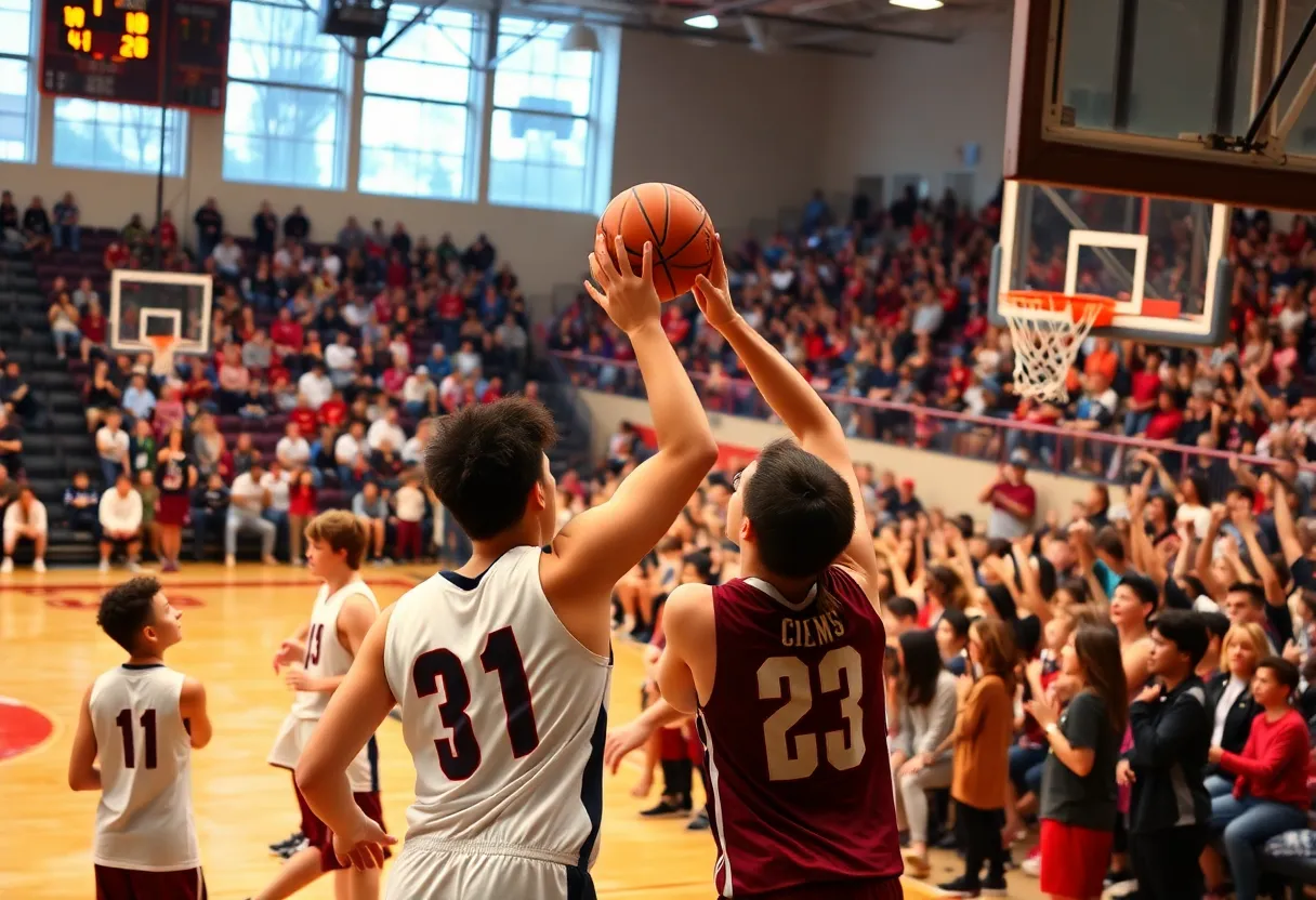 Chester Clippers basketball players during a game with fans cheering.