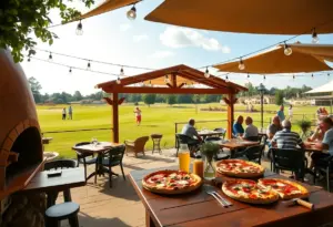Outdoor dining at Cobbs Creek Golf Course featuring diverse menu options and a lively atmosphere.
