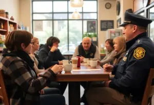 Residents talking with police officers at a coffee gathering