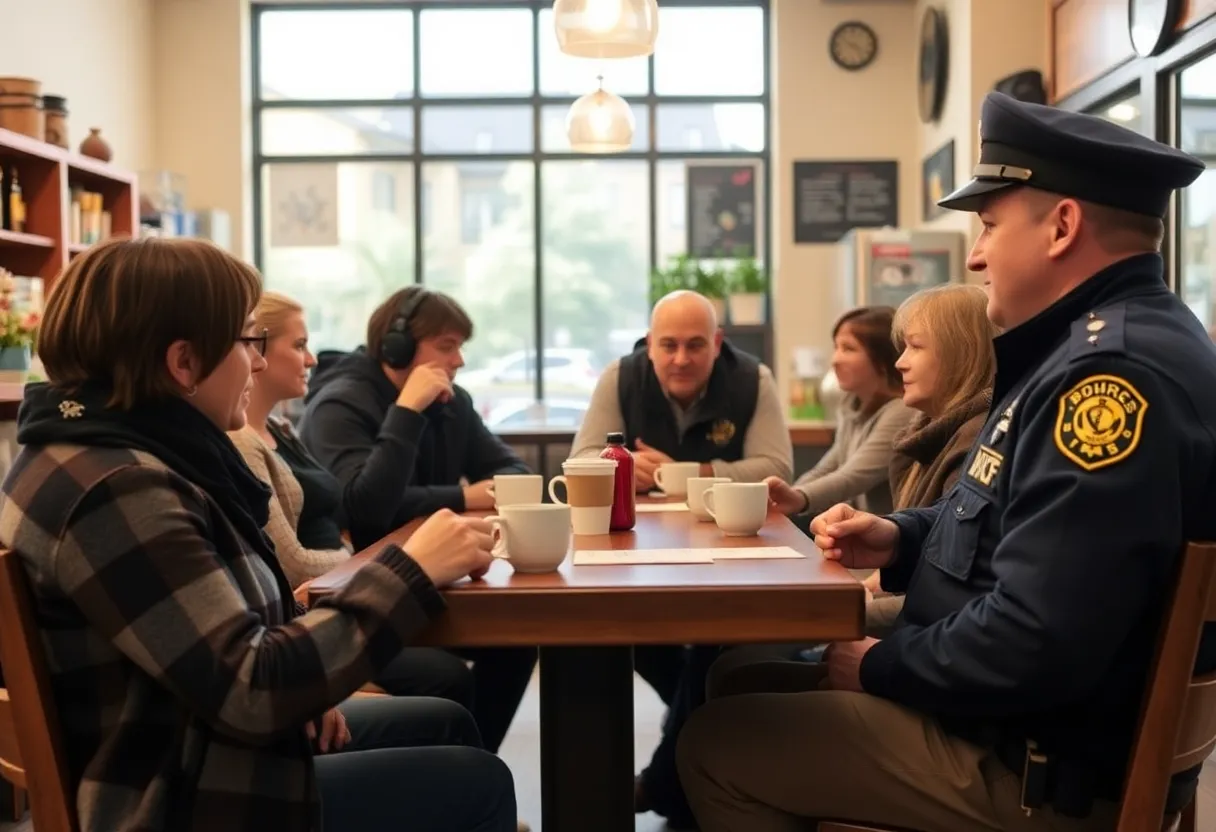 Residents talking with police officers at a coffee gathering