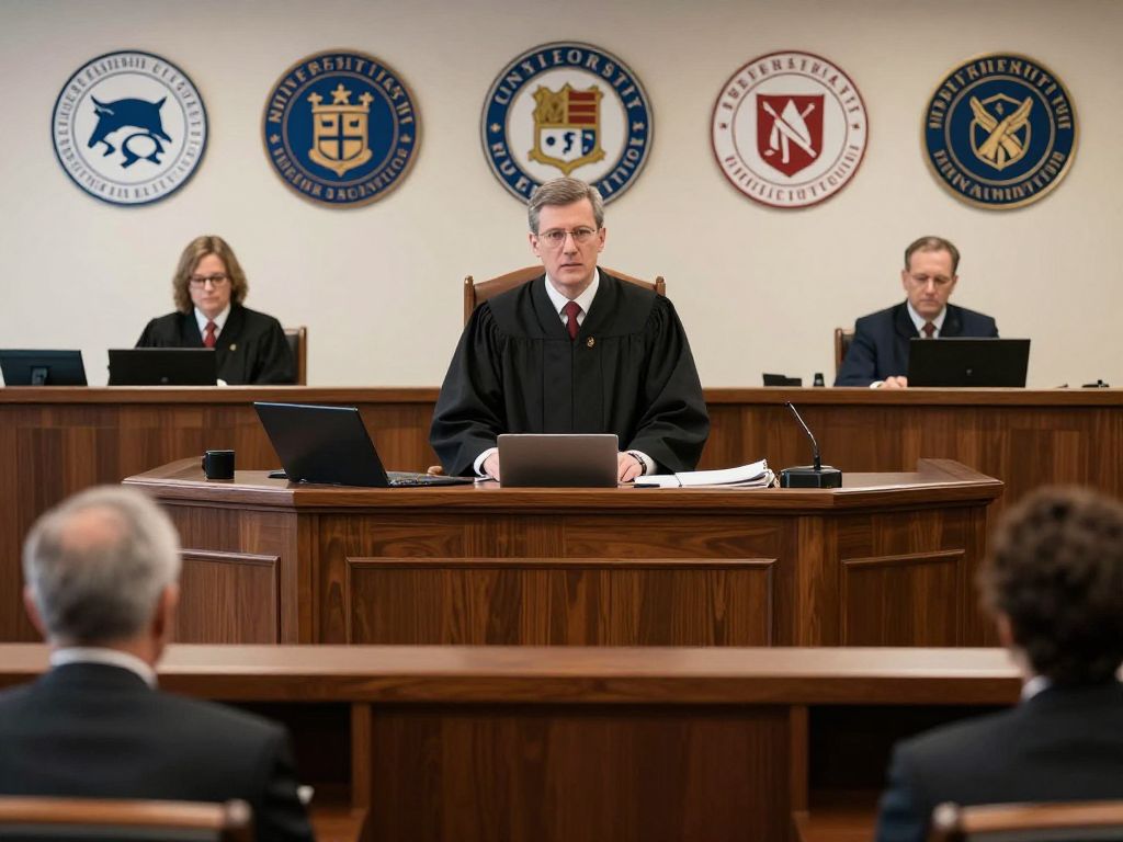 A federal courtroom with a judge, representing legal proceedings involving universities.