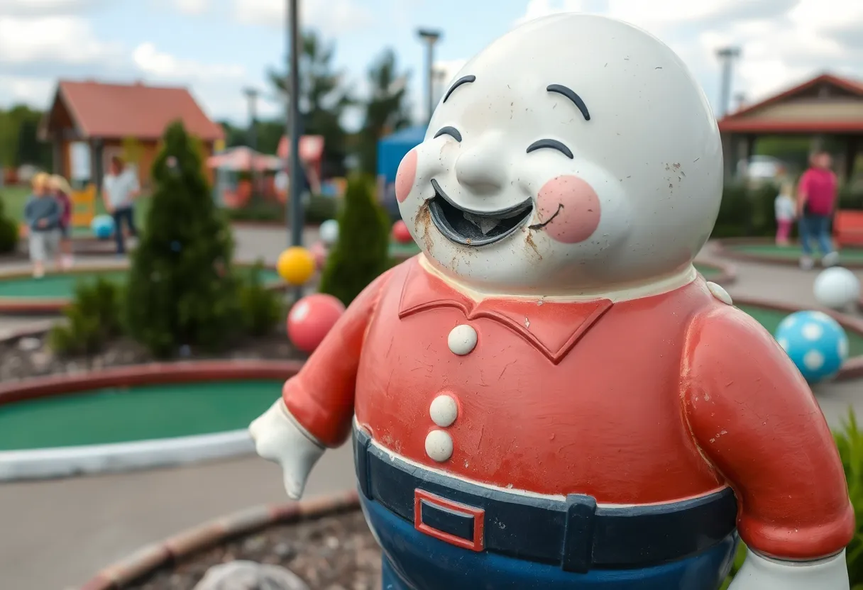 Vandalized Humpty Dumpty statue at the Ocean Putt Miniature Golf Course