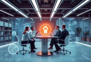 Team discussing intellectual property strategies in a modern office environment