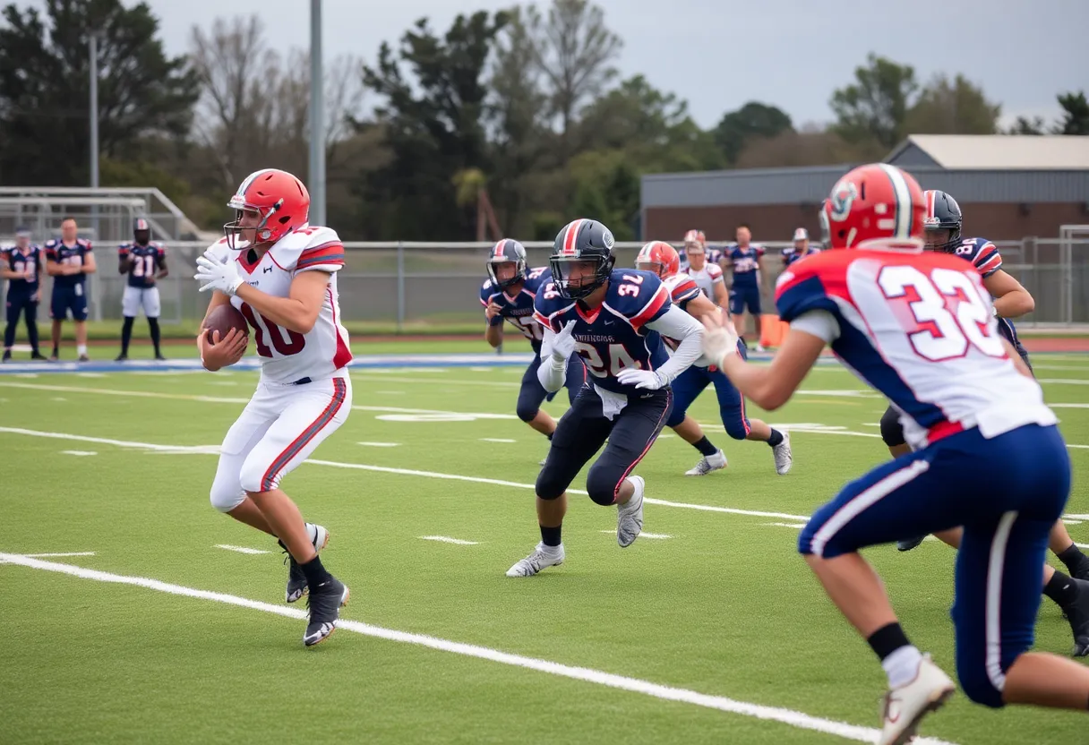 High school football team on defense during a game