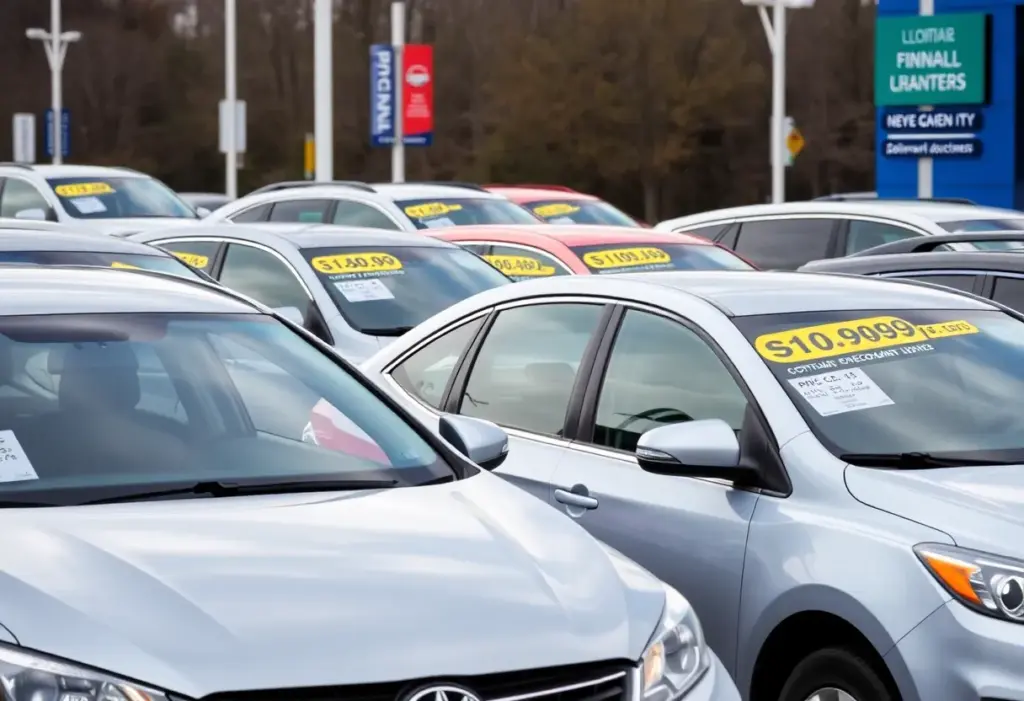 A view of a car dealership in Delaware County with various new cars displayed.