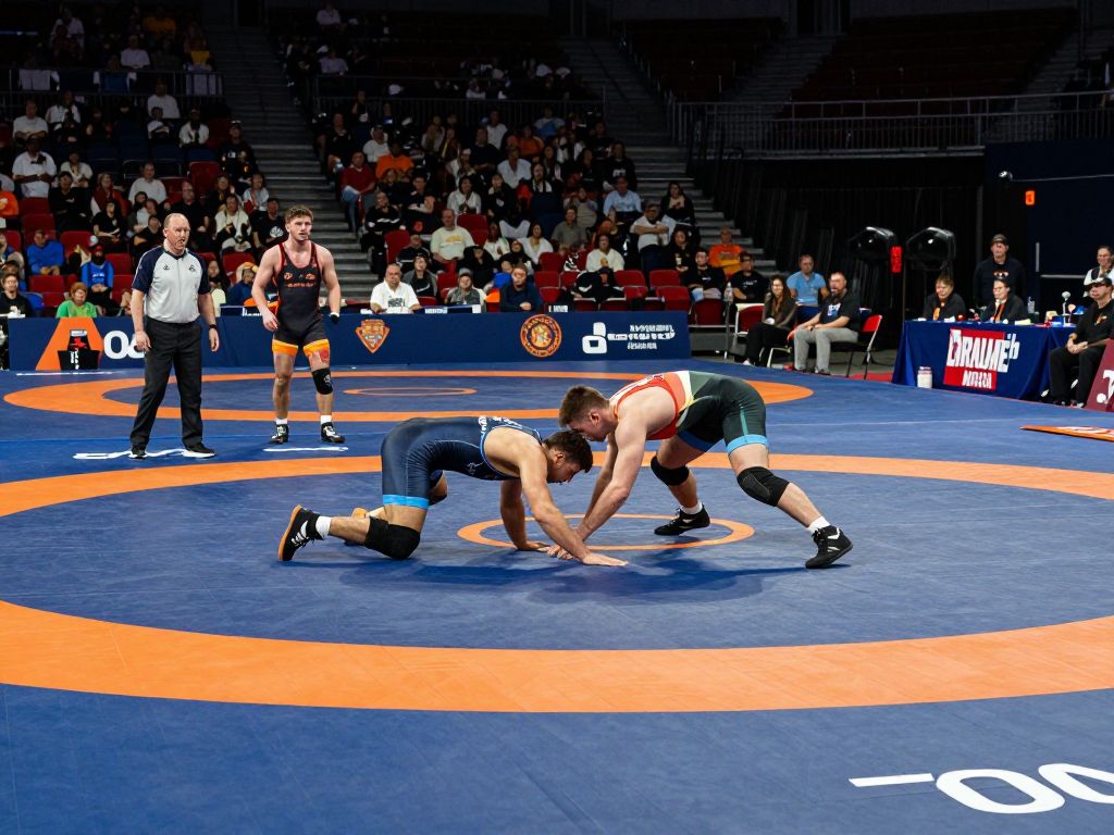 Wrestlers competing in a dual match at the Daskalakis Athletic Center