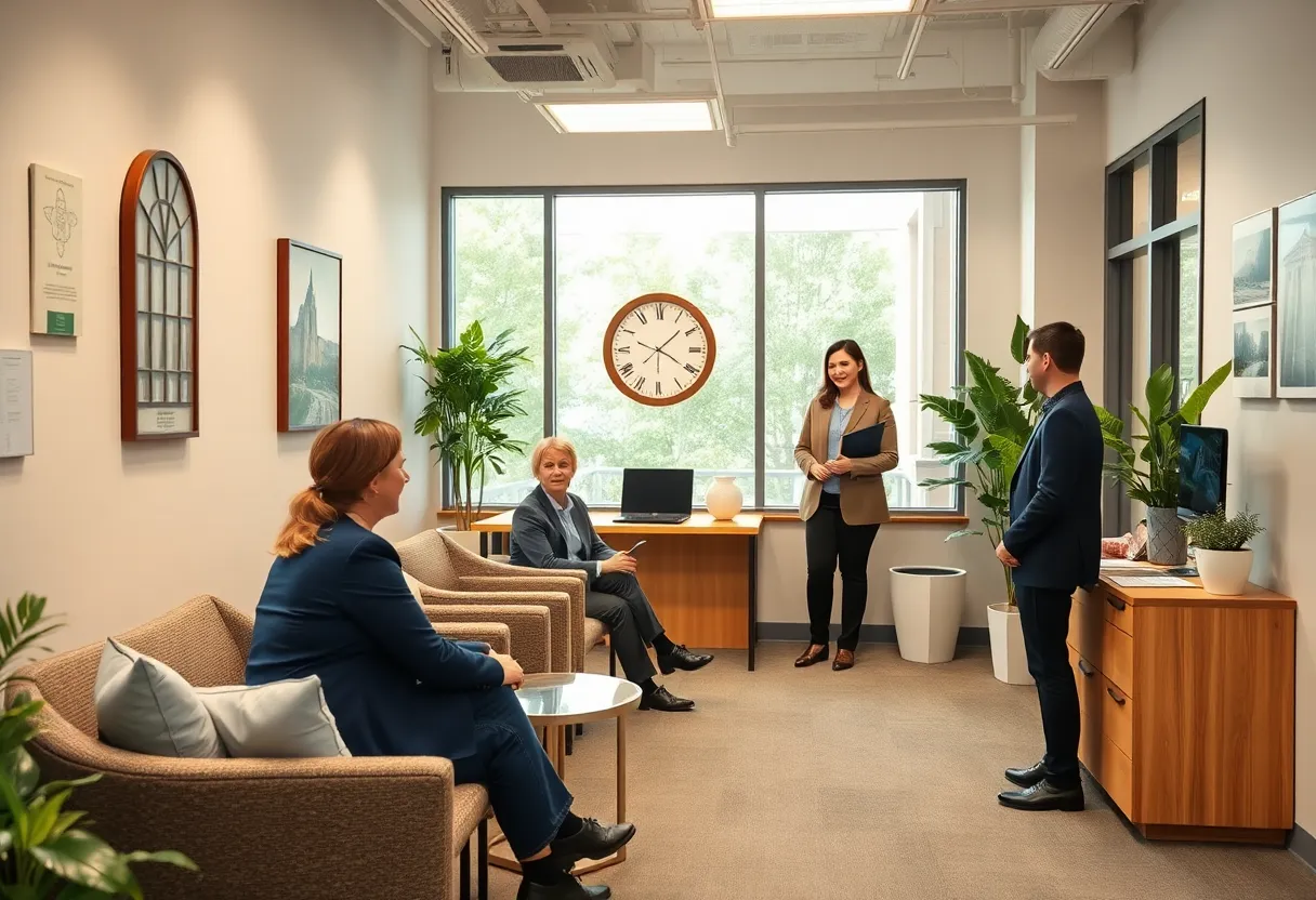 A financial advisor discussing strategies with clients in a comfortable office setting.