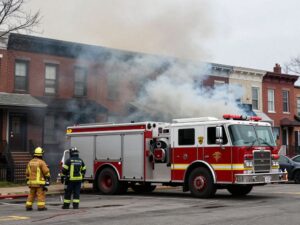 Emergency responders at a fire scene in Philadelphia.