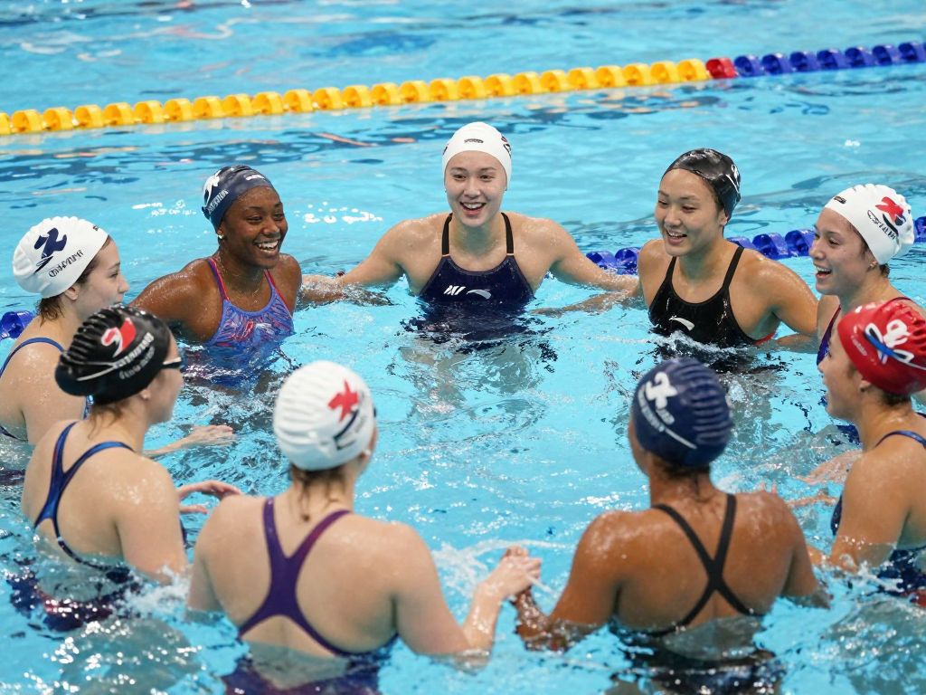 Female swimmers at a college pool celebrating their achievements.