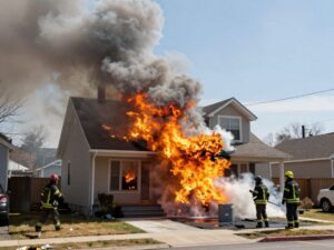 Firefighters working to extinguish a blaze in North Philadelphia twin home
