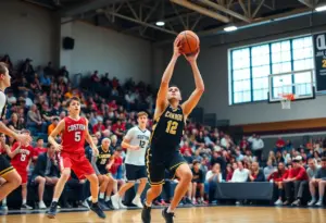 High school basketball game in a professional arena