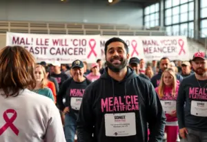 Community event promoting male breast cancer awareness with sports themes