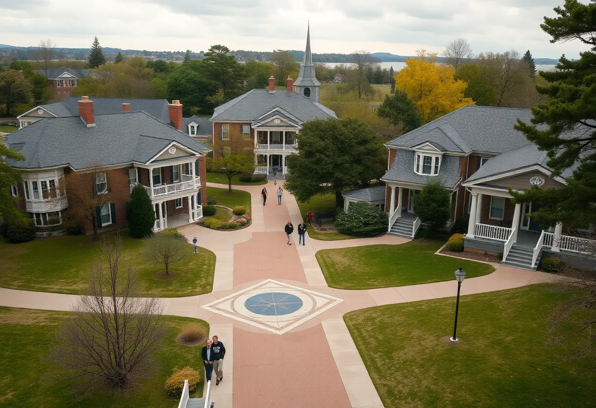 Fraternity and sorority houses on a university campus, symbolizing Greek life and serious issues surrounding hazing.