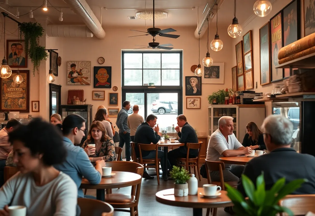 Interior of Freedom Coffee House with patrons enjoying coffee and baked goods.