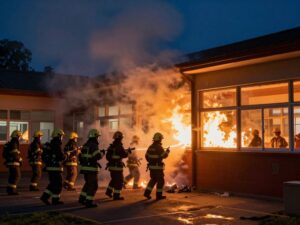 Firefighters extinguishing a fire at Arthur Rann Elementary School