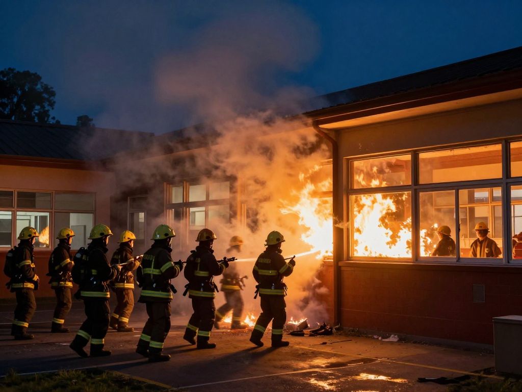 Firefighters extinguishing a fire at Arthur Rann Elementary School