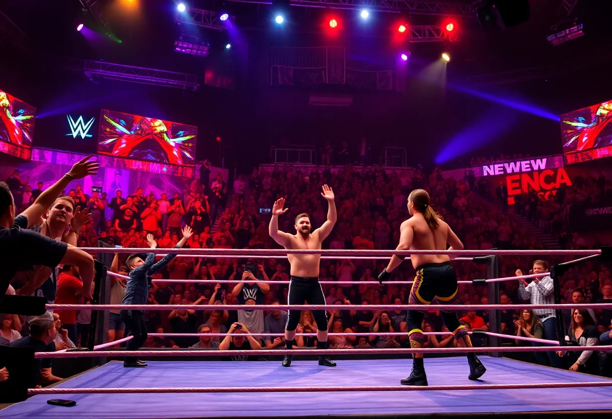 Wrestlers competing in a trios match in an electrifying atmosphere