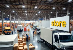 Employees working at a Giant fulfillment center preparing orders for delivery.