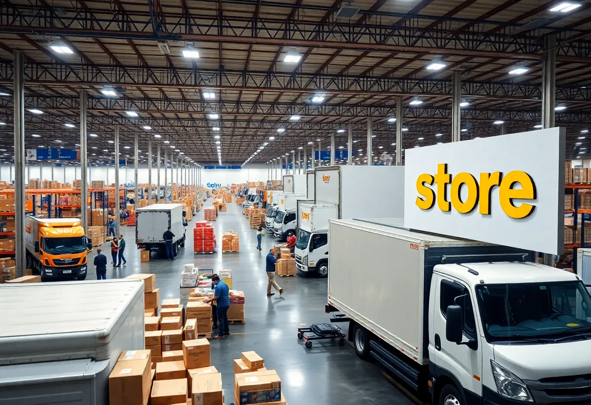Employees working at a Giant fulfillment center preparing orders for delivery.
