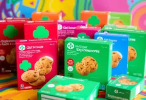 Display of Girl Scout cookies including the new Exploremores flavor