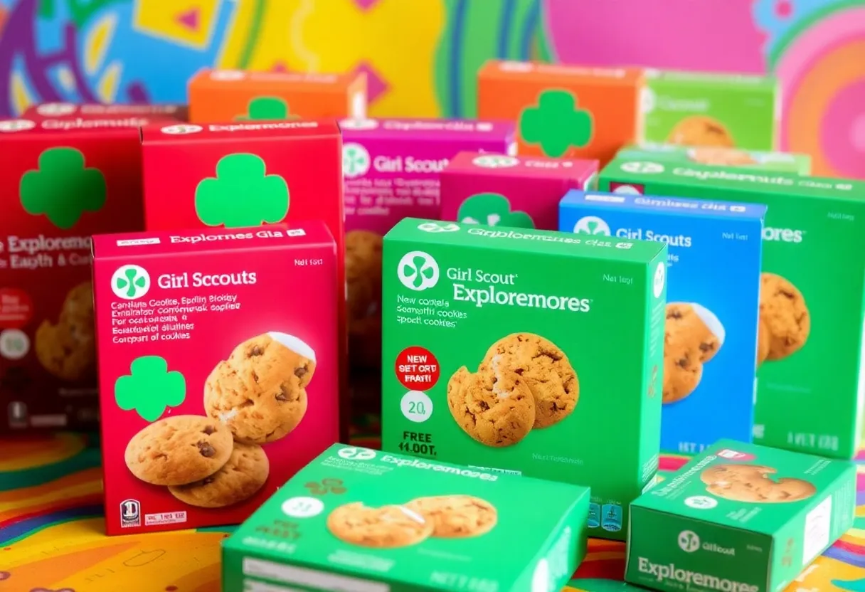 Display of Girl Scout cookies including the new Exploremores flavor