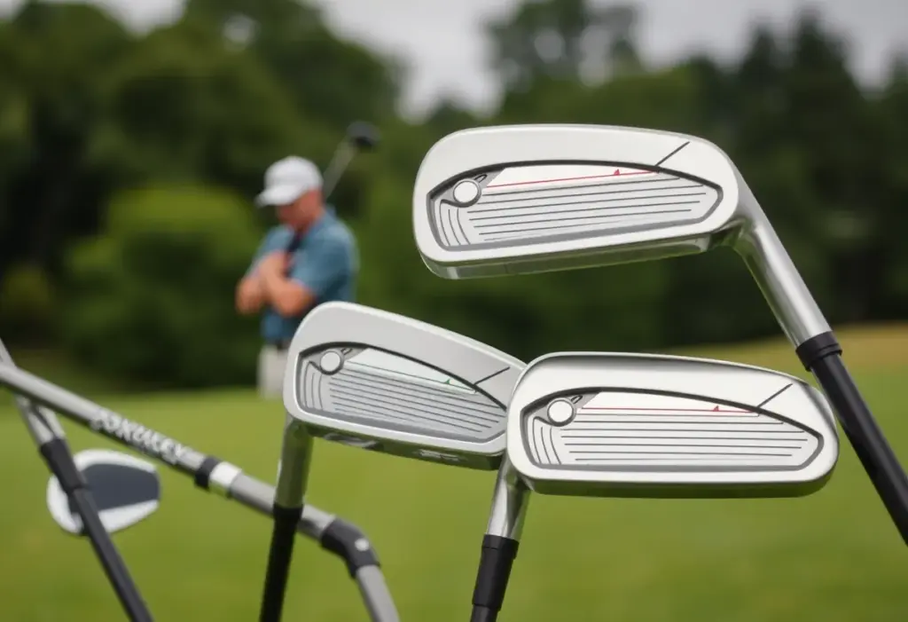 Various golf irons displaying different loft angles