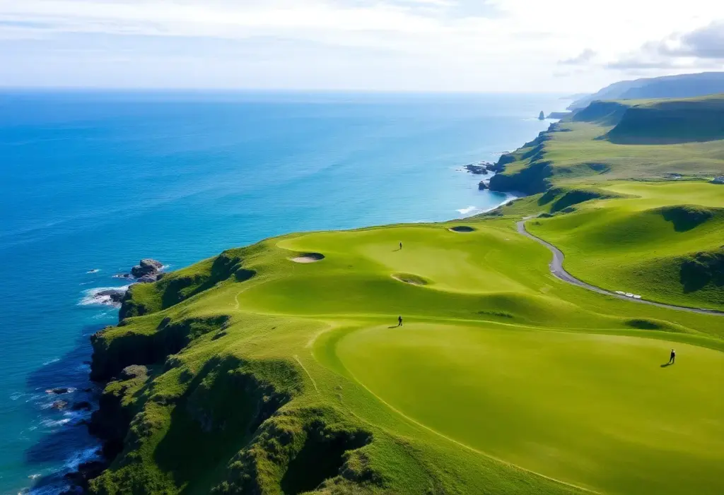 A picturesque view of a golf course in Ireland surrounded by lush landscapes and castles.