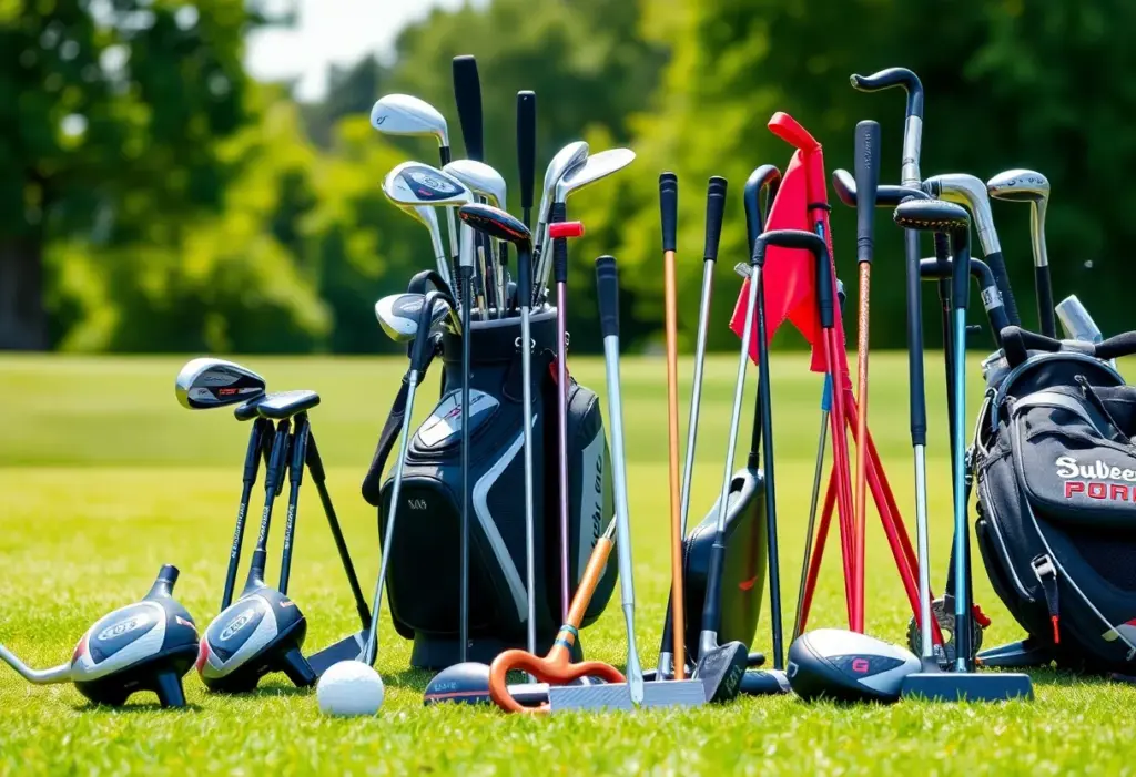 Assorted golf clubs including drivers, 7-woods, wedges, and putters on a golf course.