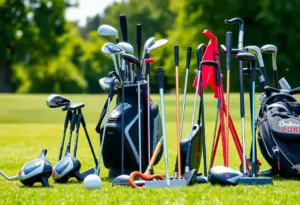 Assorted golf clubs including drivers, 7-woods, wedges, and putters on a golf course.